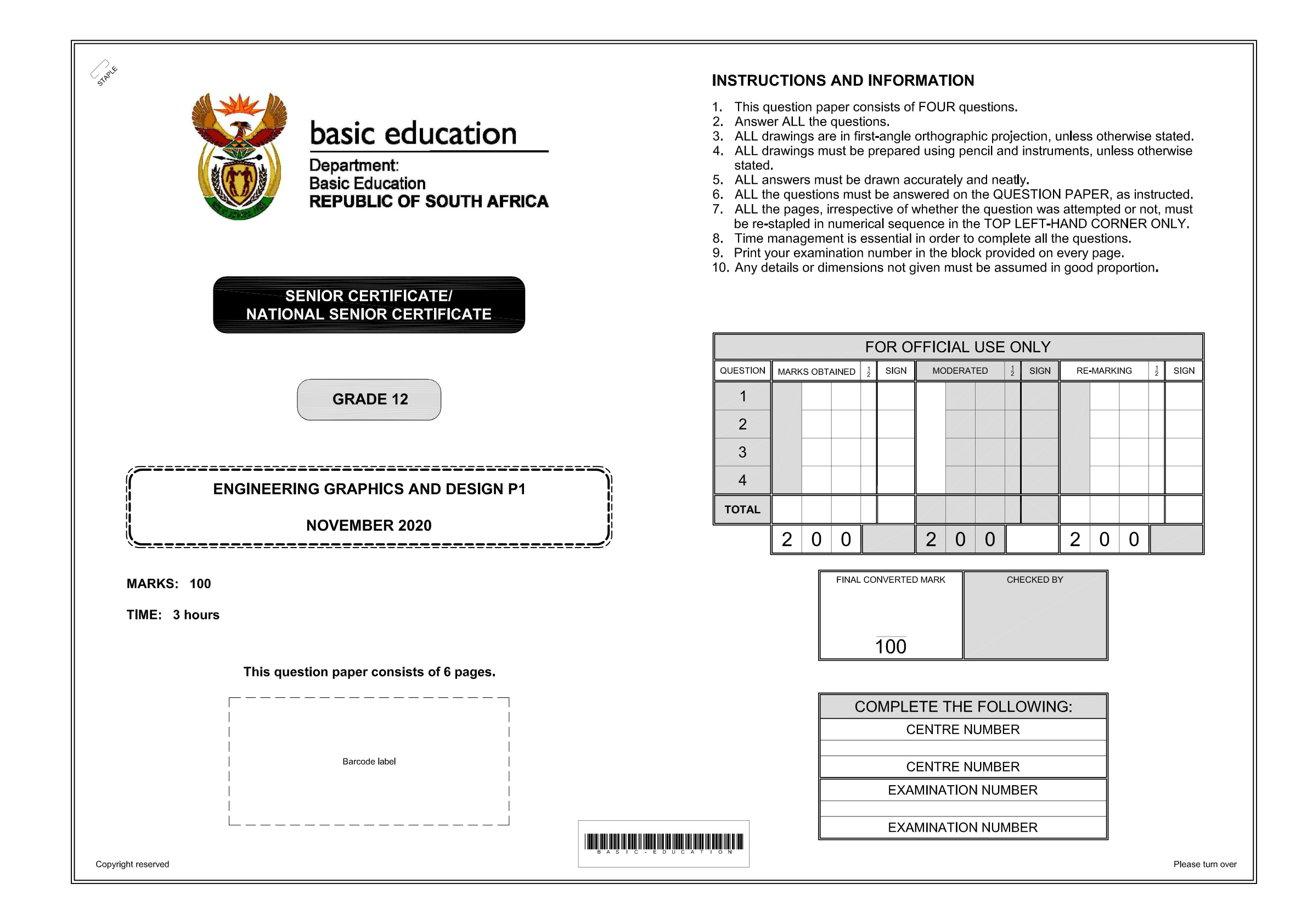 Engineering Graphics And Design Paper 1 (Gauteng) November 2020 Grade 12 DBE