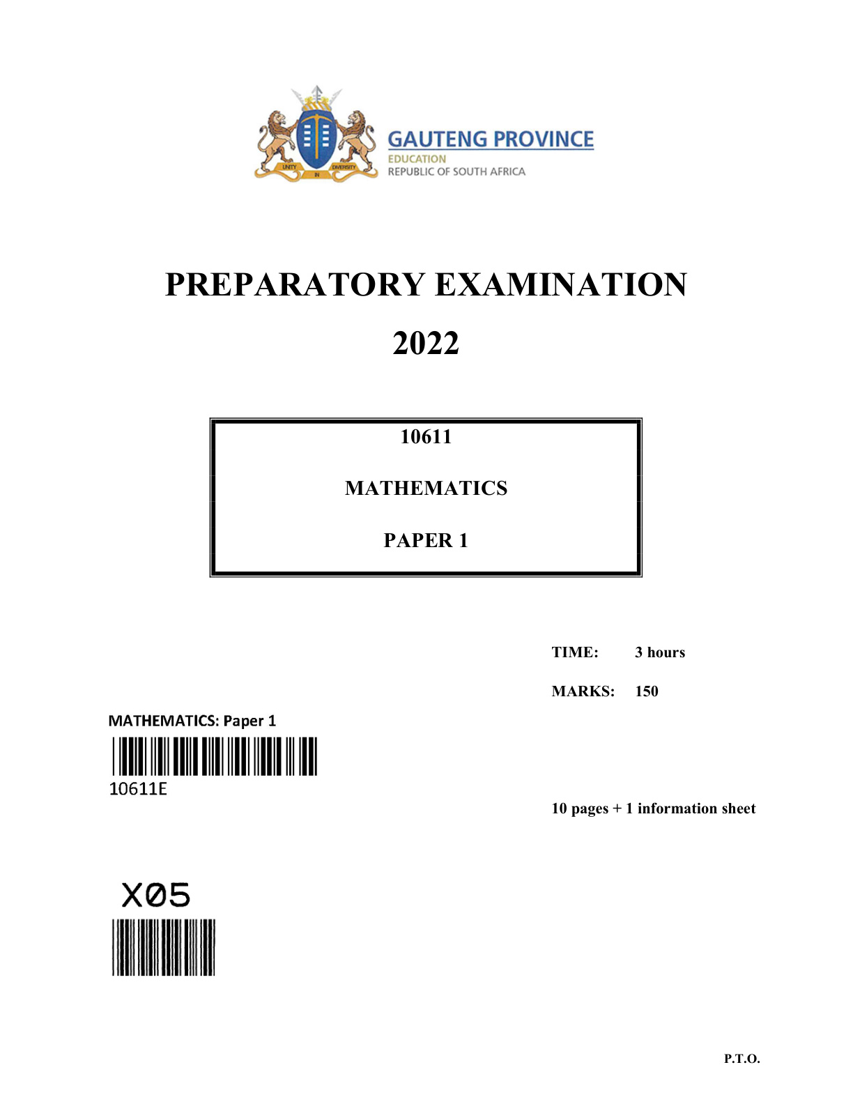 Mathematics Paper 1 (Gauteng) Preparatory 2022 Grade 12 DBE