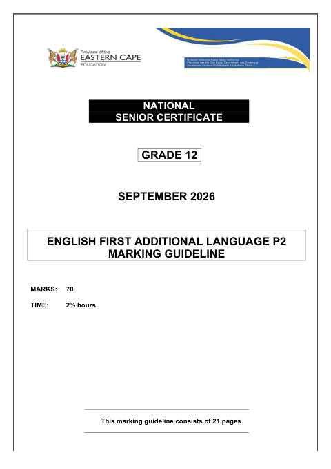 English First Additional Language Grade 12 DBE Caps September 2026 Paper 2 - Memo (Eastern Cape)