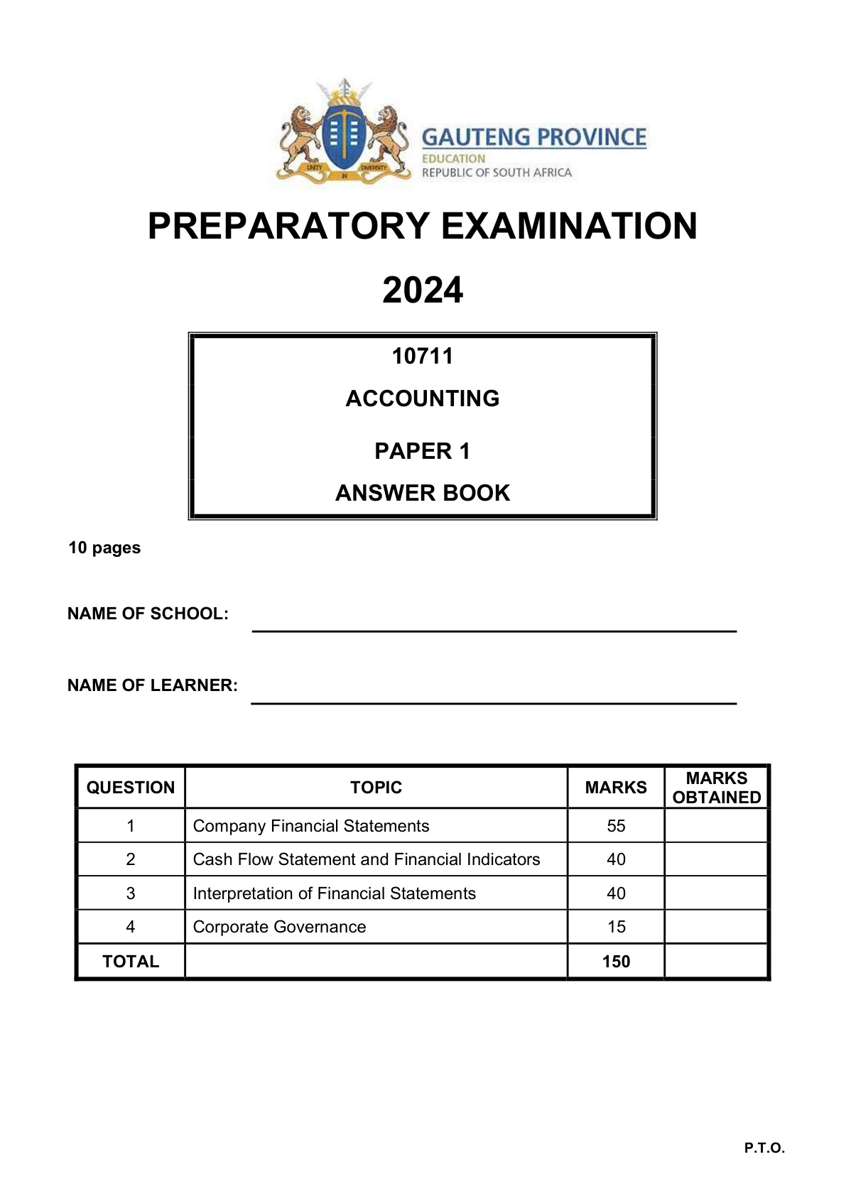 Accounting Paper 1 Answer Book (Gauteng) Preparatory 2024 Grade 12 DBE