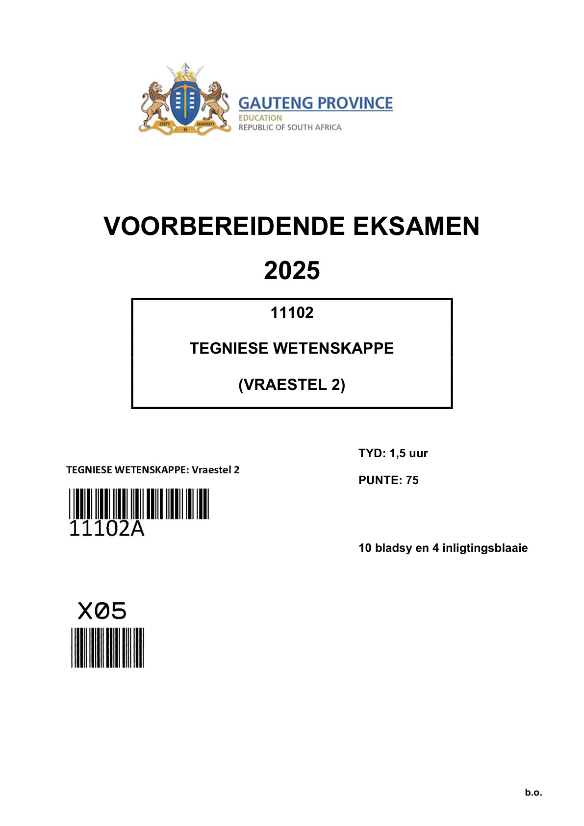 Technical Sciences Paper 2 (Gauteng) Preparatory 2025 Grade 12 DBE