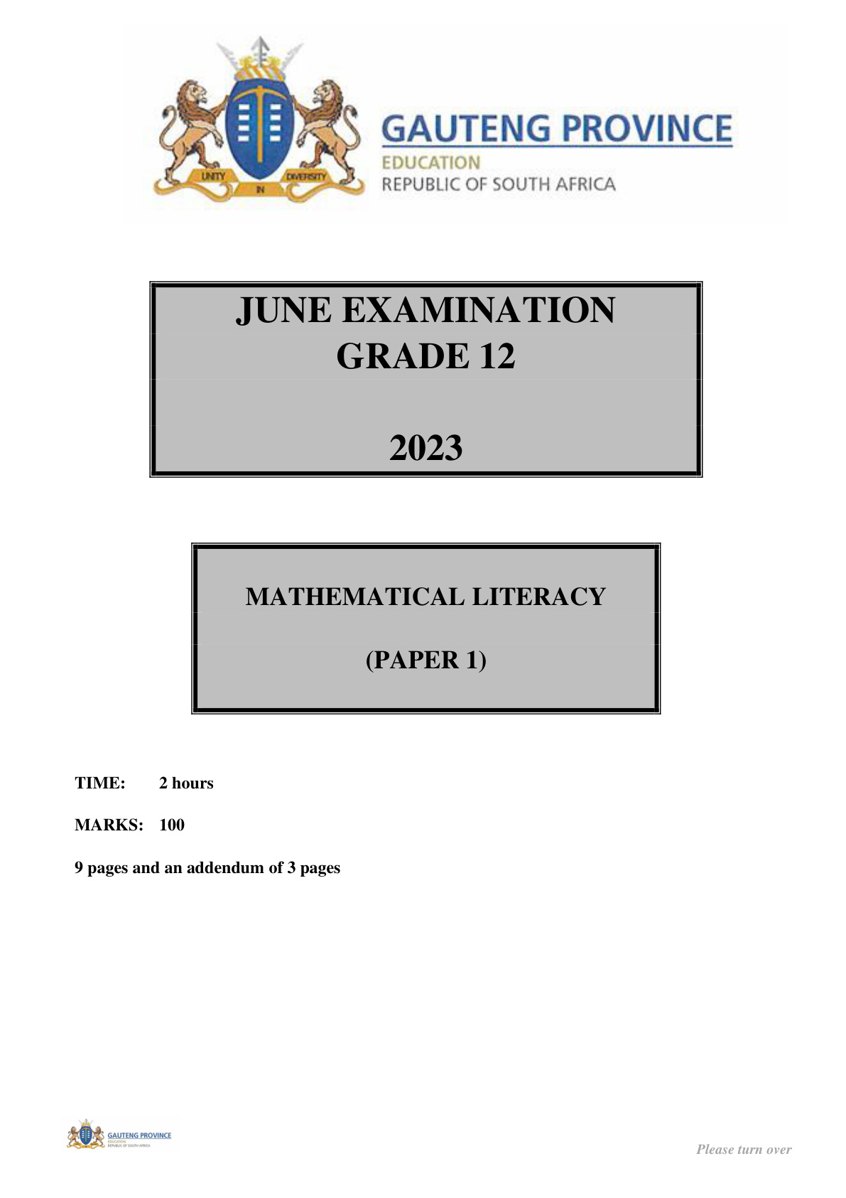 Mathematical Literacy Paper 1 (Gauteng) June 2023 Grade 12 DBE