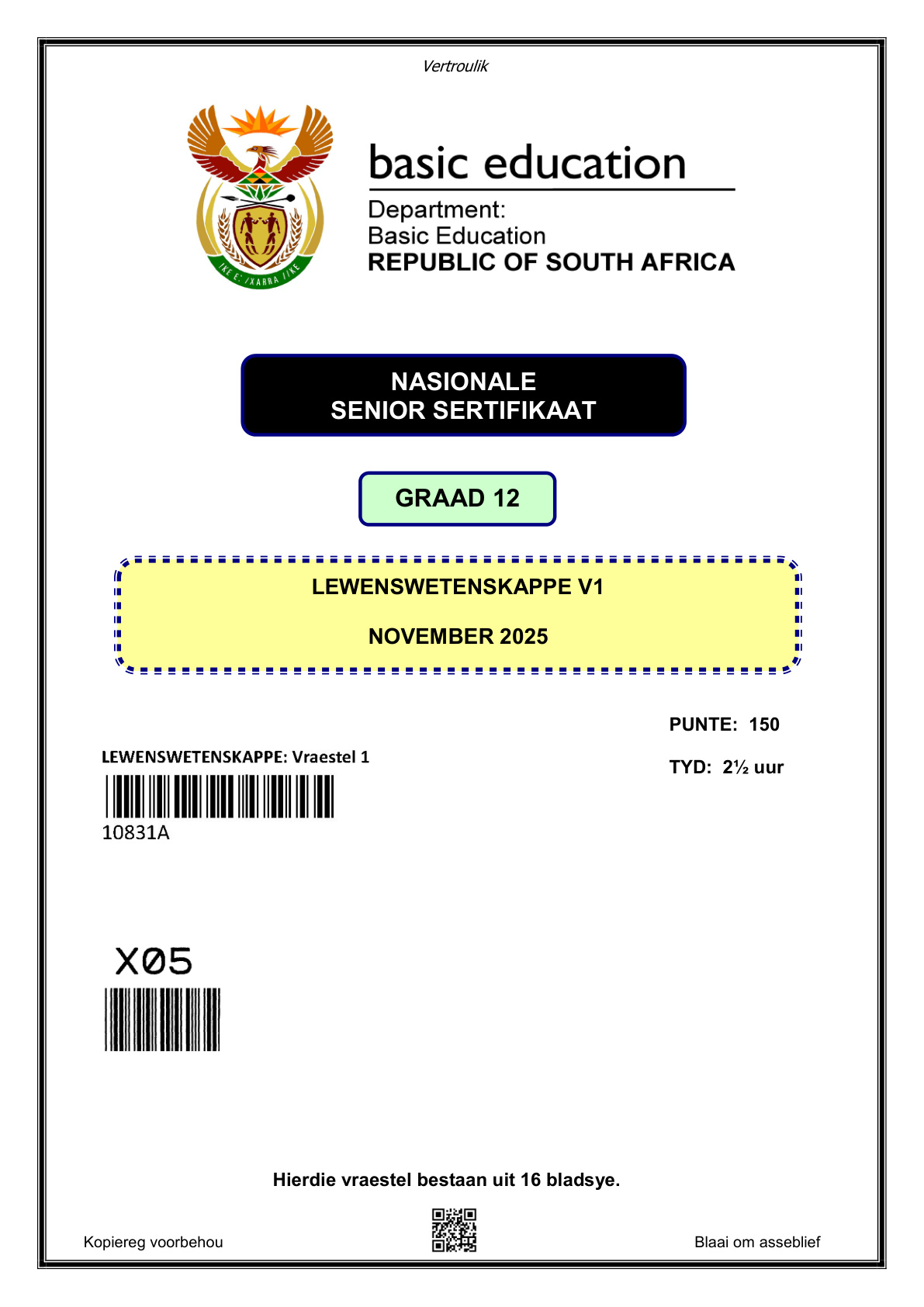 Life Sciences Paper 1 (Gauteng) November 2025 Grade 12 DBE