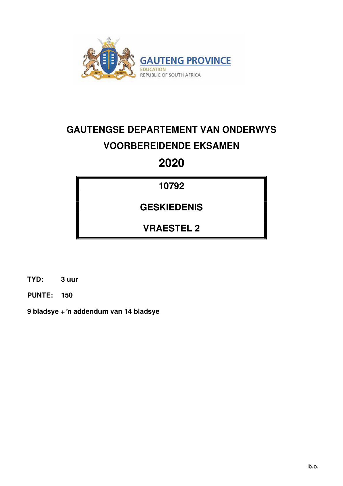 History Paper 2 (Gauteng) Preparatory 2020 Grade 12 DBE