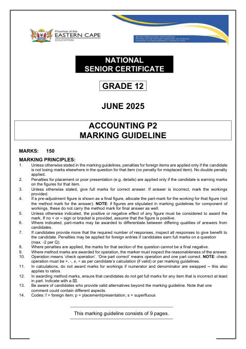 Accounting Grade 12 DBE Caps May/June 2025 Paper 2 - Memo (Eastern Cape)