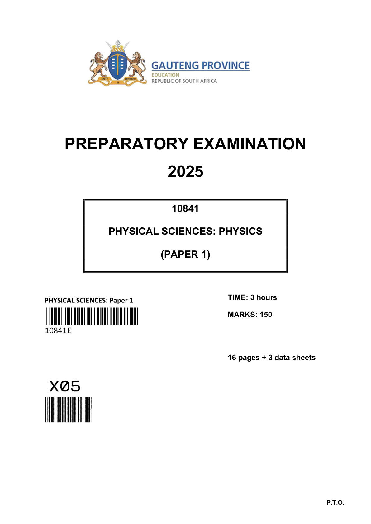 Physical Sciences Paper 1 (Gauteng) Preparatory 2025 Grade 12 DBE