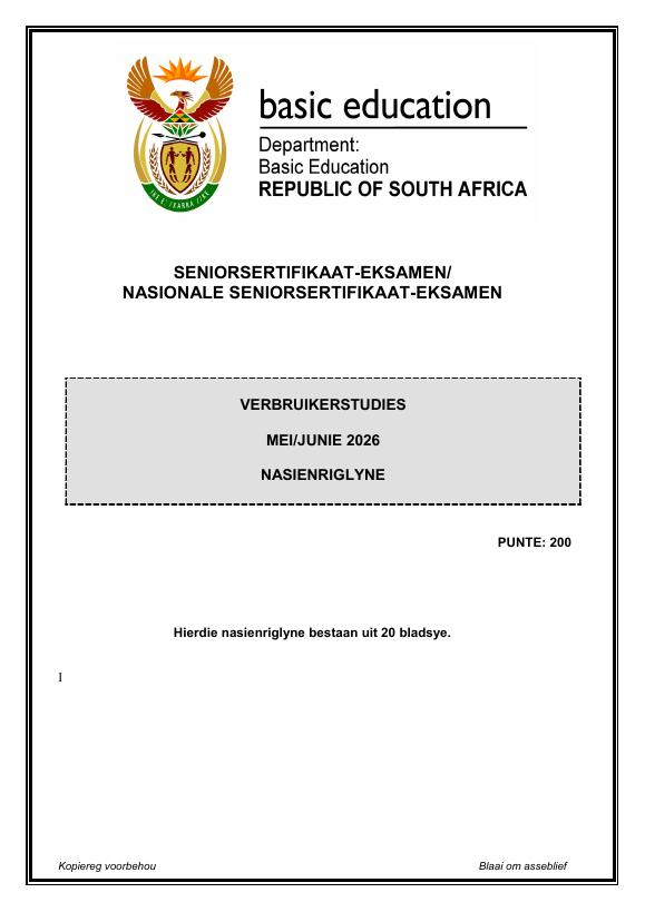Consumer Studies Grade 12 DBE CAPS May 2026 Paper 1 - Memo