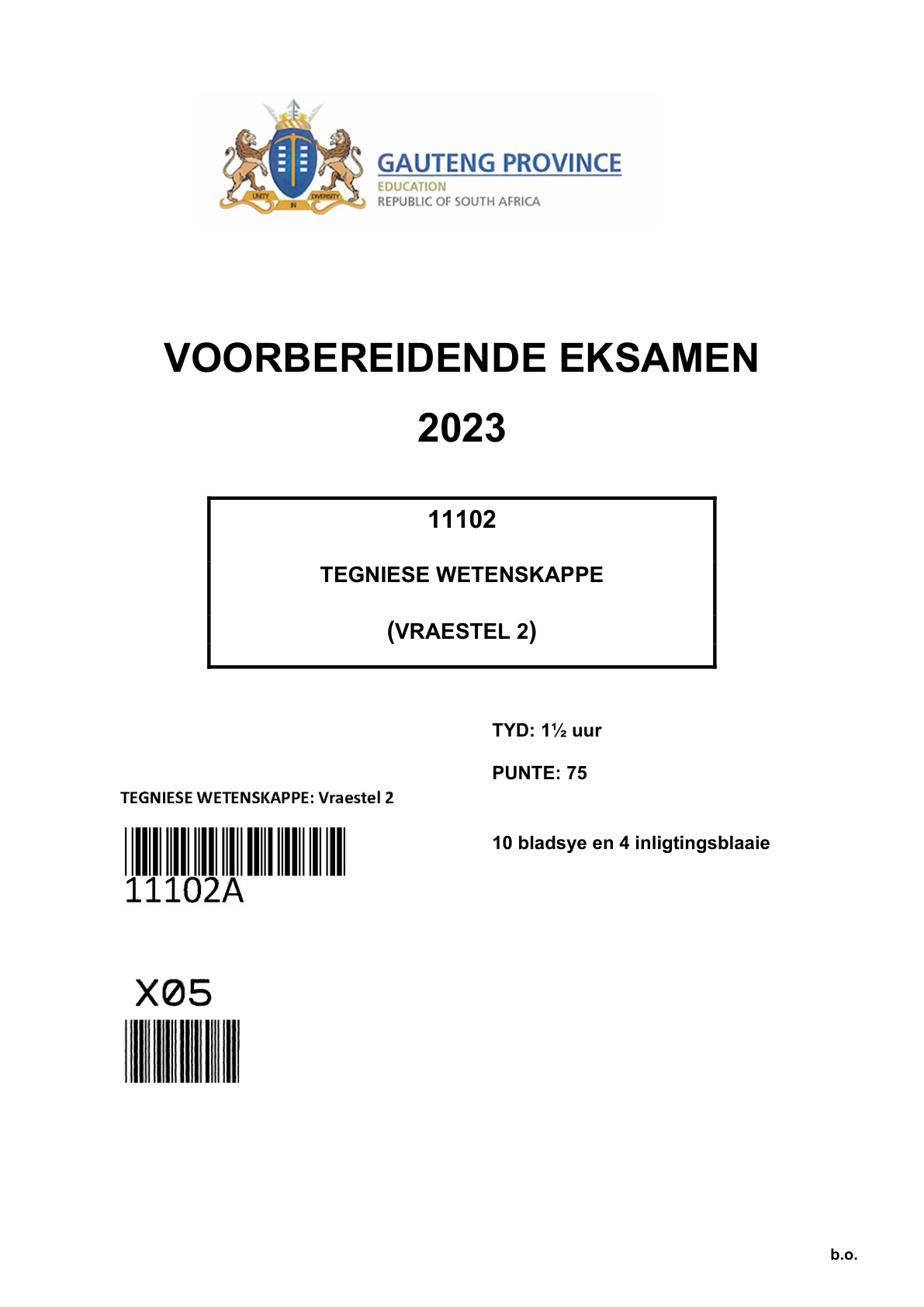 Technical Sciences Paper 2 (Gauteng) Preparatory 2023 Grade 12 DBE