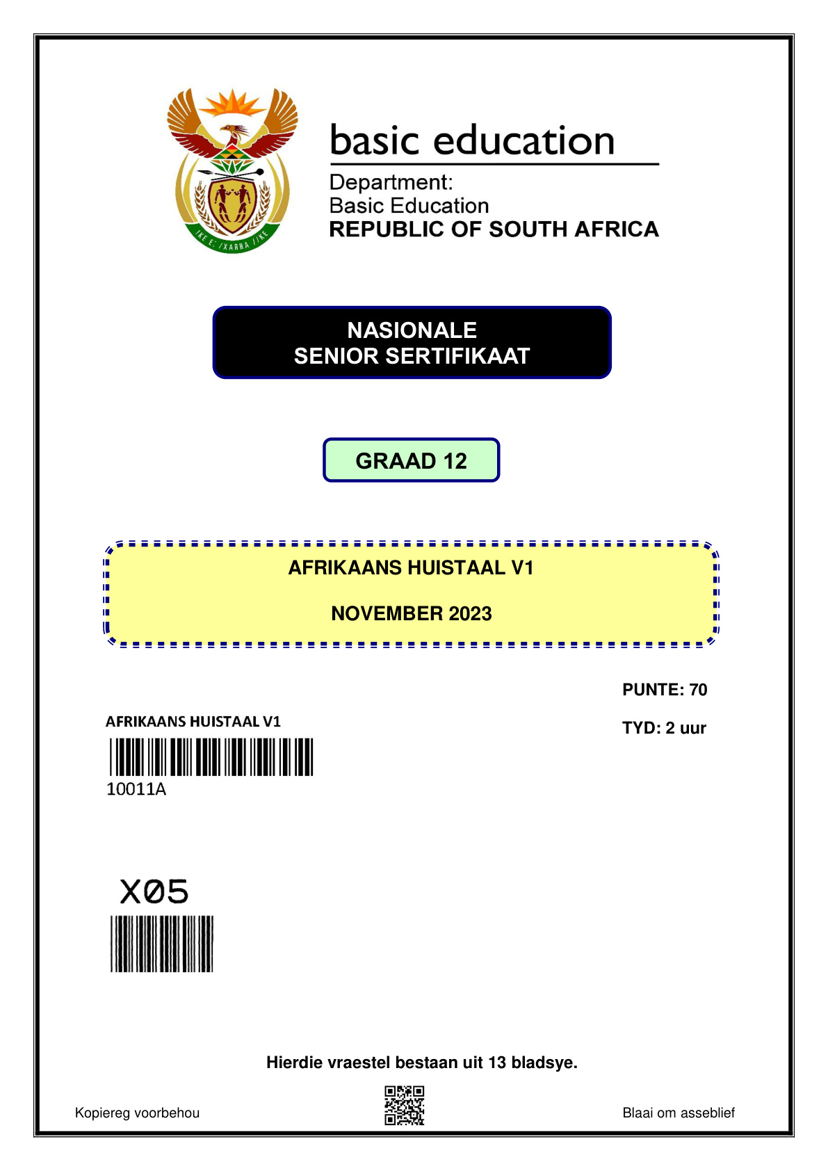 Afrikaans Home Language Paper 1 (Gauteng) November 2023 Grade 12 DBE