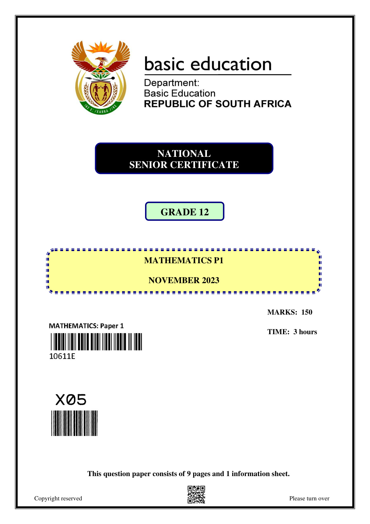 Mathematics Paper 1 (Gauteng) November 2023 Grade 12 DBE