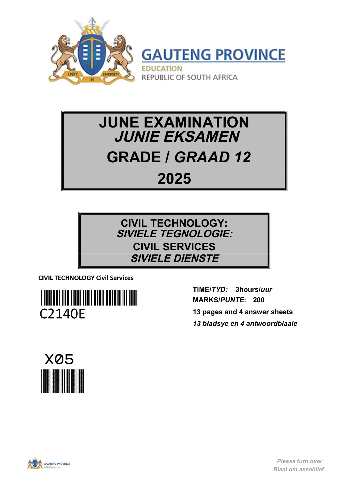 Civil Technology (Gauteng) June 2025 Grade 12 DBE