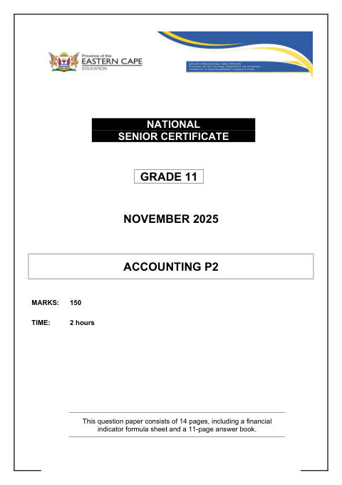 Accounting Grade 11 DBE Caps November 2025 Paper 2 - Question Paper (Eastern Cape)