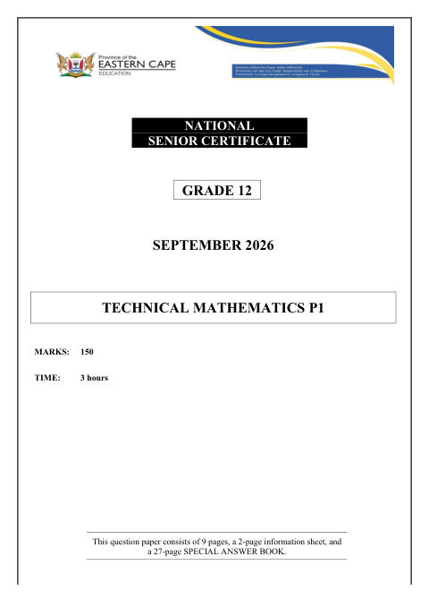 Technical Mathematics Grade 12 DBE Caps September 2026 Paper 1 - Question Paper (Eastern Cape)