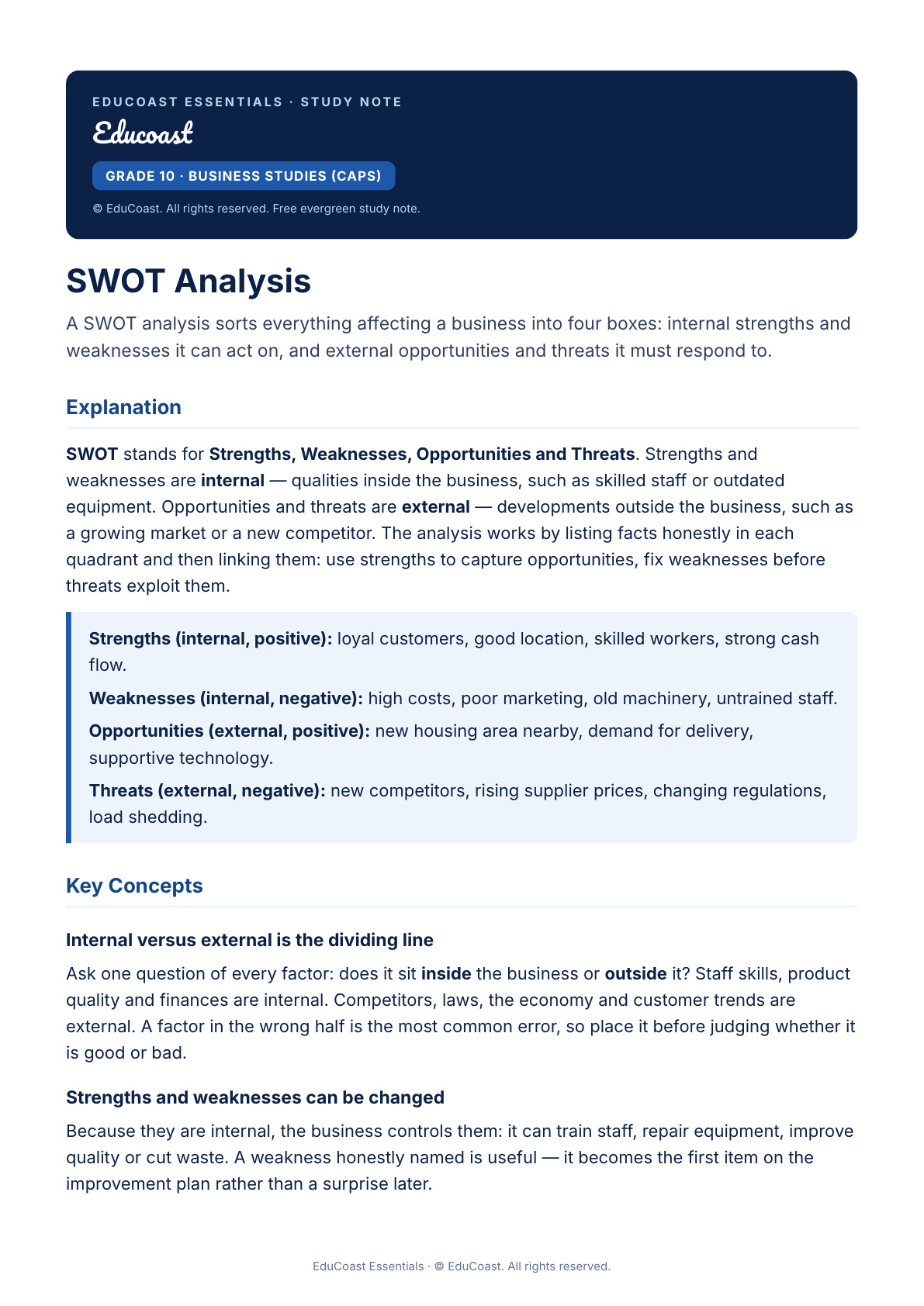 SWOT Analysis — Grade 10 Business Studies (CAPS)