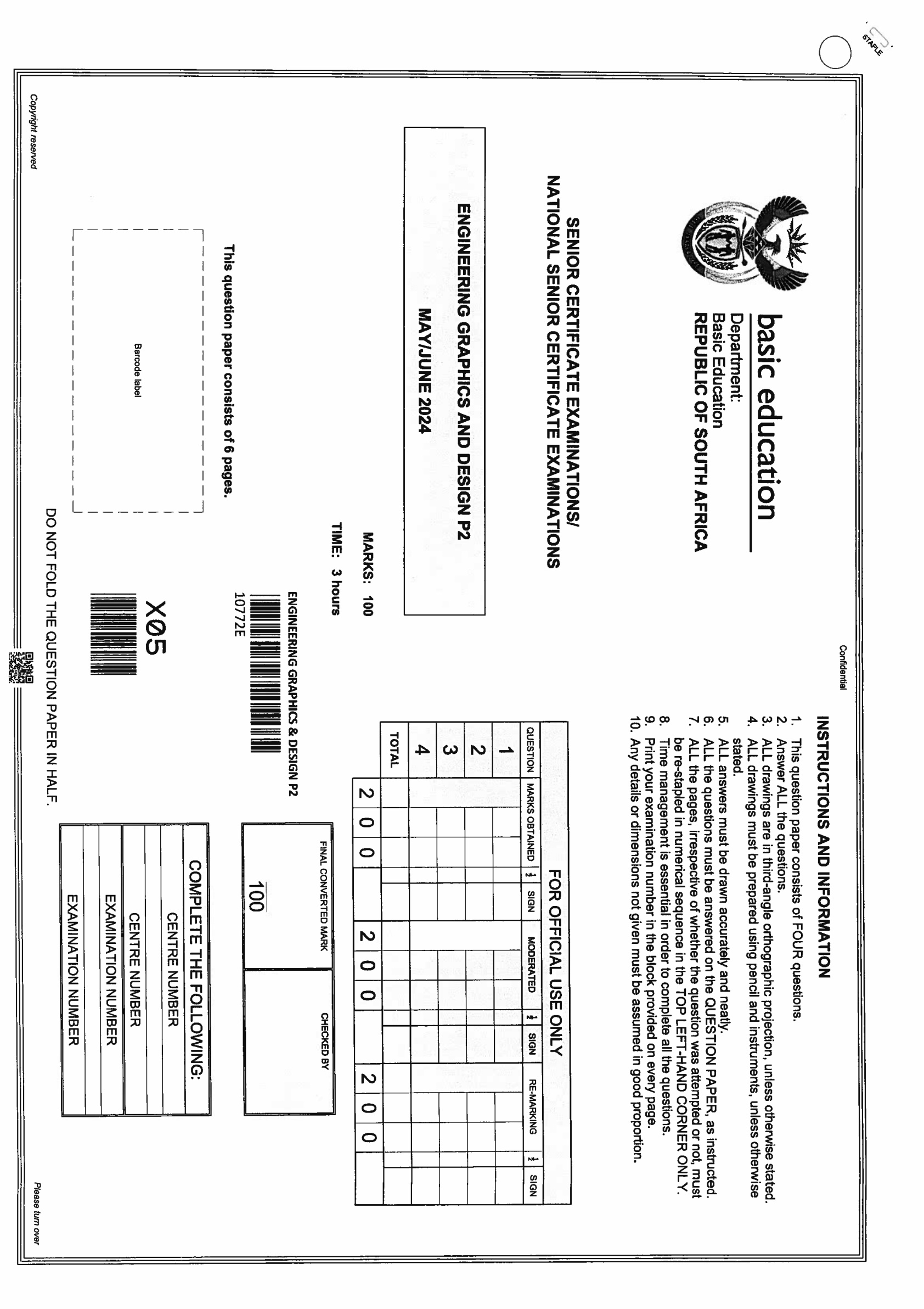 Engineering Graphics And Design Paper 2 (Gauteng) June 2024 Grade 12 DBE