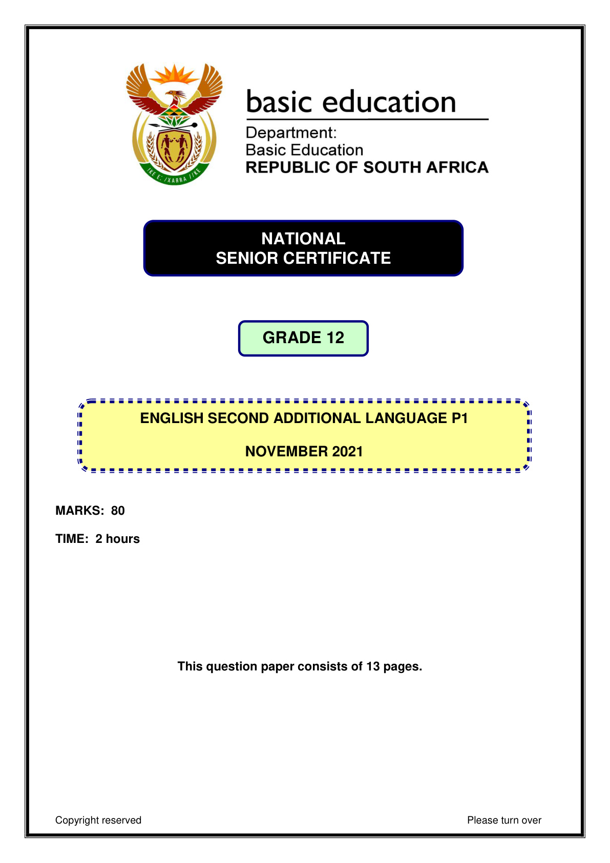 English Second Additional Language Paper 1 November 2021 Grade 12 DBE