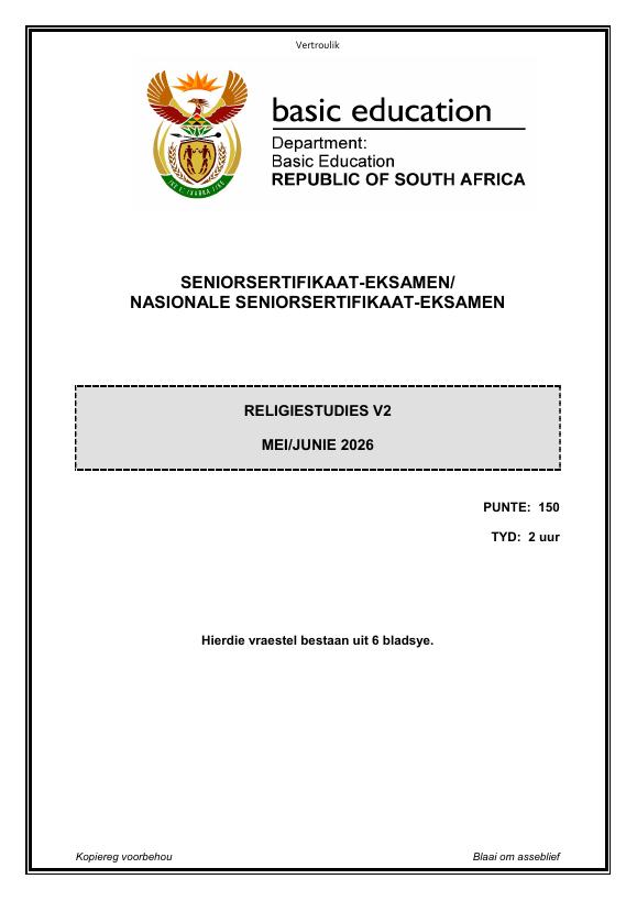 Religion Studies Grade 12 DBE CAPS May 2026 Paper 2 - Question Paper