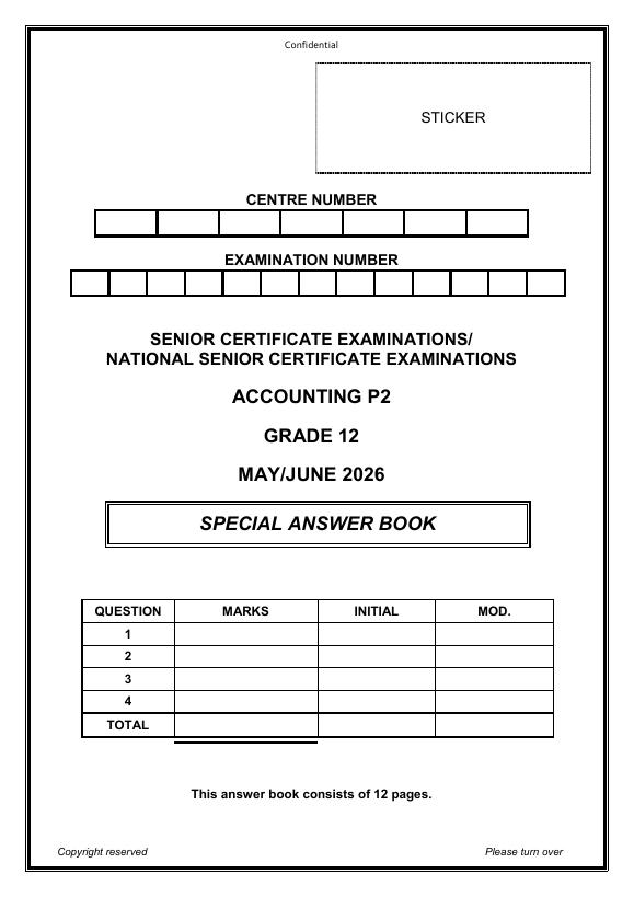 Accounting Grade 12 DBE Caps May 2026 Paper 2 - Answer Book