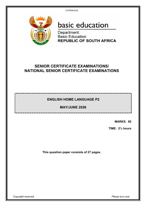 English Home Language Grade 12 DBE CAPS May 2026 Paper 2 - Question Paper
