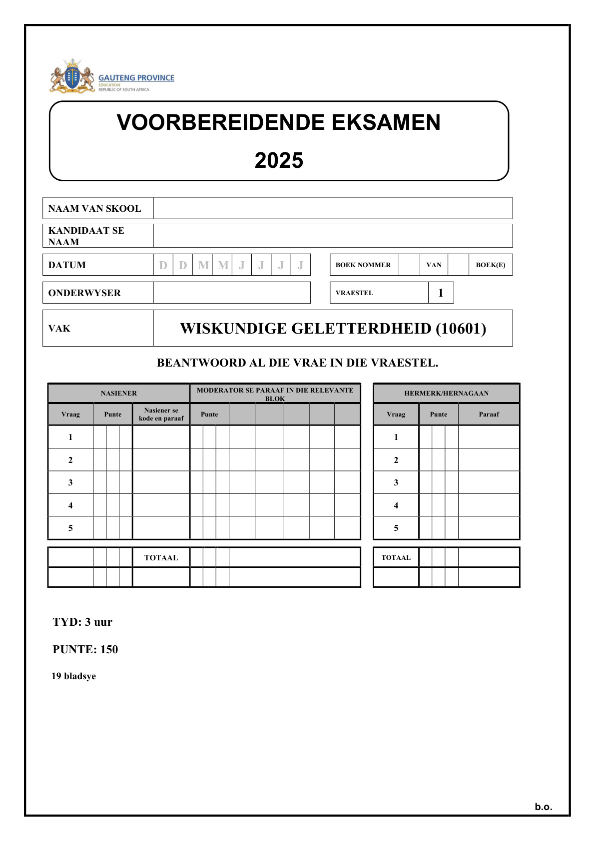 Mathematical Literacy Paper 1 (Gauteng) Preparatory 2025 Grade 12 DBE