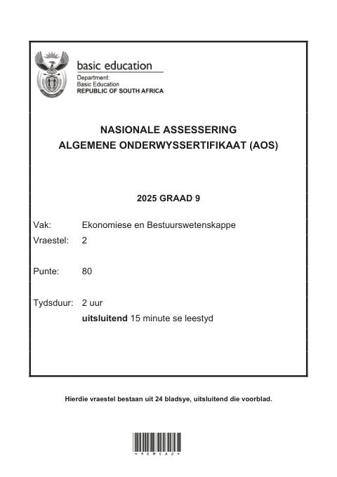 Economic And Management Sciences Grade 9 DBE Caps Gec 2025 Paper 2 - Question Paper (Eastern Cape)