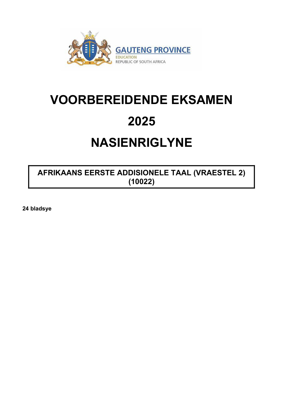 Afrikaans First Additional Language Paper 2 (Gauteng) Preparatory 2025 Grade 12 DBE