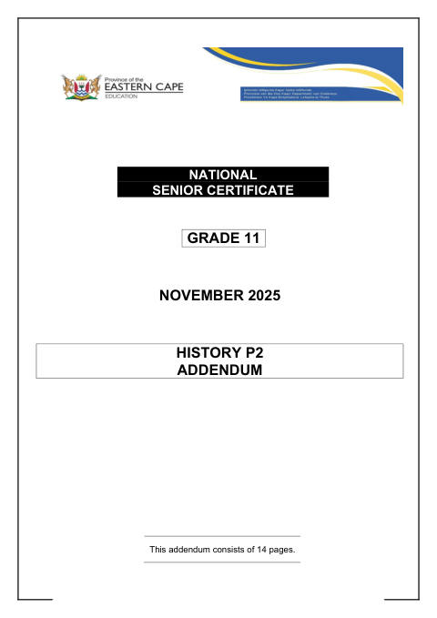 History Grade 11 DBE Caps November 2025 Paper 2 - Question Paper (Eastern Cape)