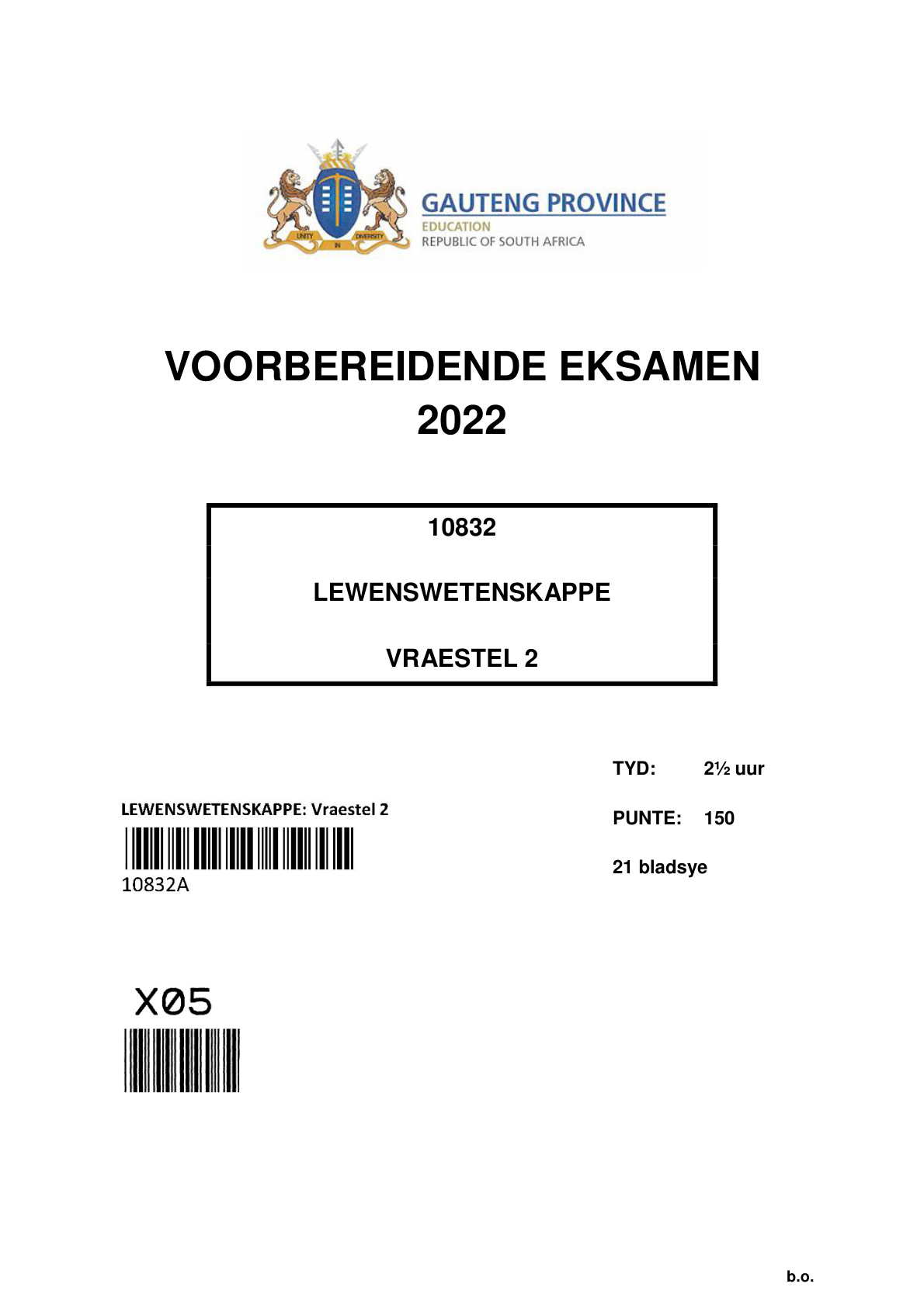 Life Sciences Paper 2 (Gauteng) Preparatory 2022 Grade 12 DBE