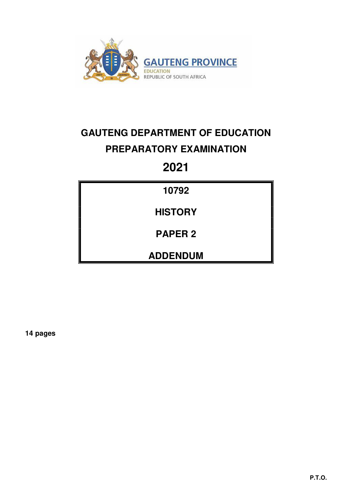 History Paper 2 Addendum (Gauteng) Preparatory 2021 Grade 12 DBE
