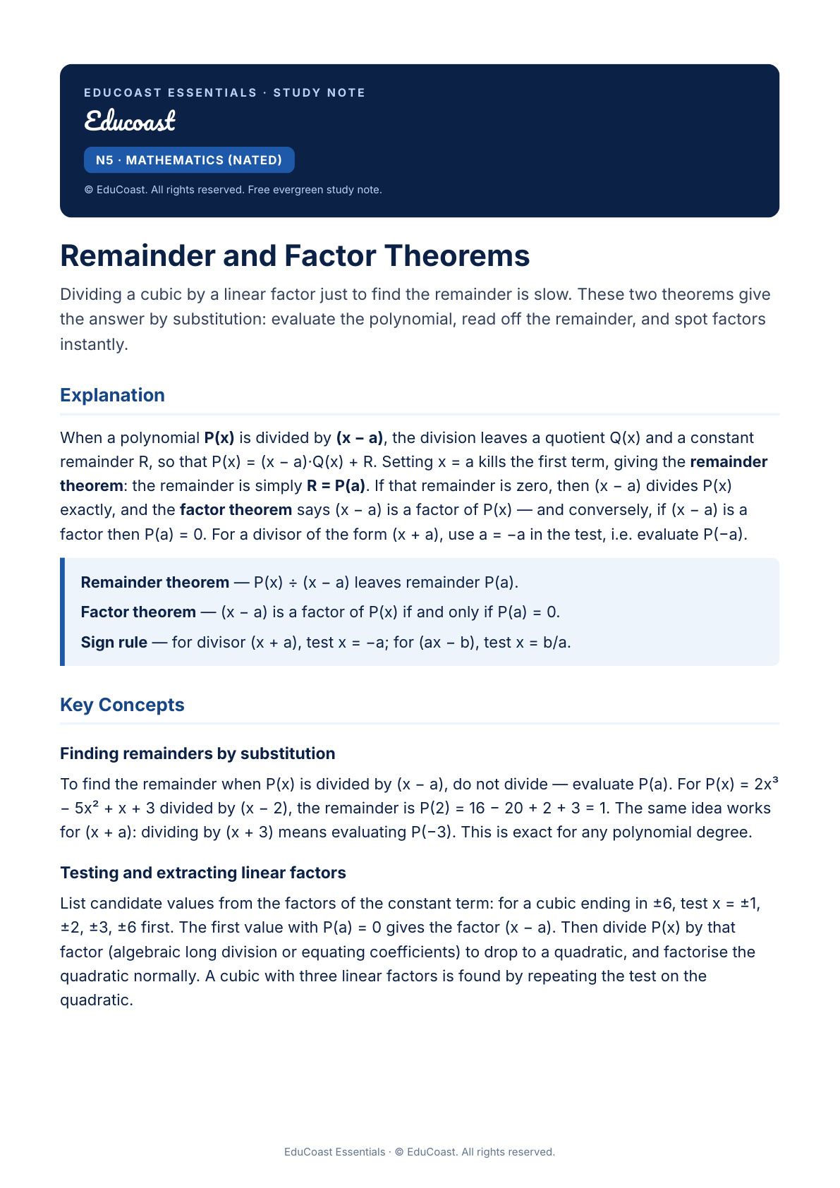 Remainder And Factor Theorems — N5 Mathematics (Nated)