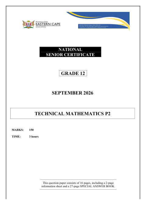 Mathematics Grade 12 DBE Caps September 2026 Paper 2 - Question Paper (Eastern Cape)