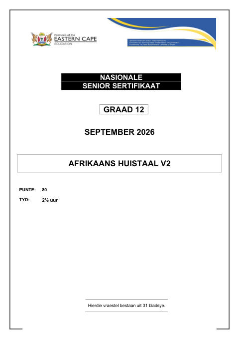 Afrikaans Home Language Grade 12 DBE Caps September 2026 Paper 2 - Question Paper (Eastern Cape)