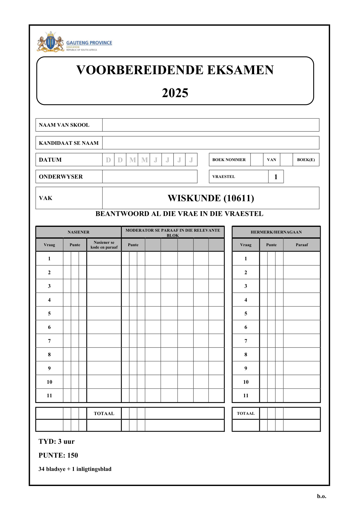 Mathematics Paper 1 (Gauteng) Preparatory 2025 Grade 12 DBE