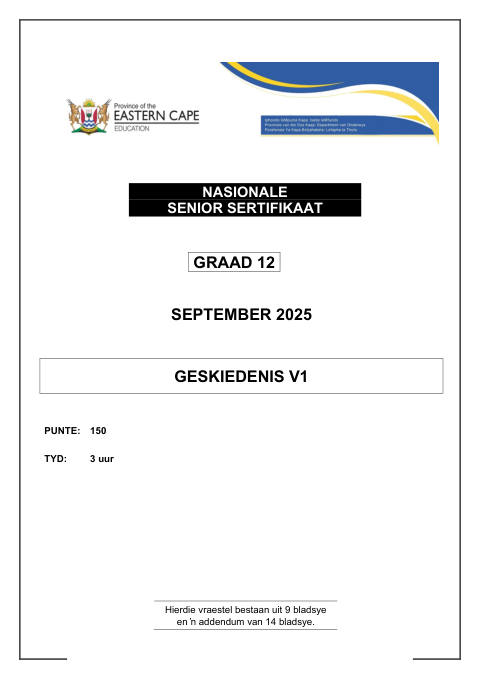 History Grade 12 DBE Caps September 2025 Paper 1 - Question Paper (Eastern Cape)