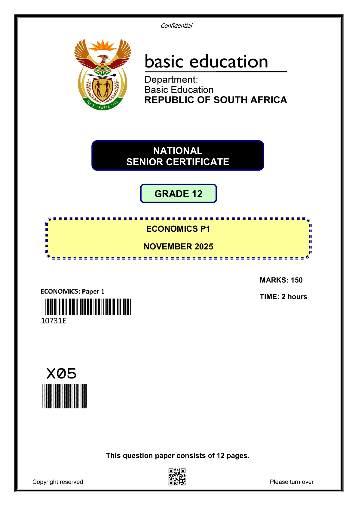 Economics Paper 1 (Gauteng) November 2025 Grade 12 DBE