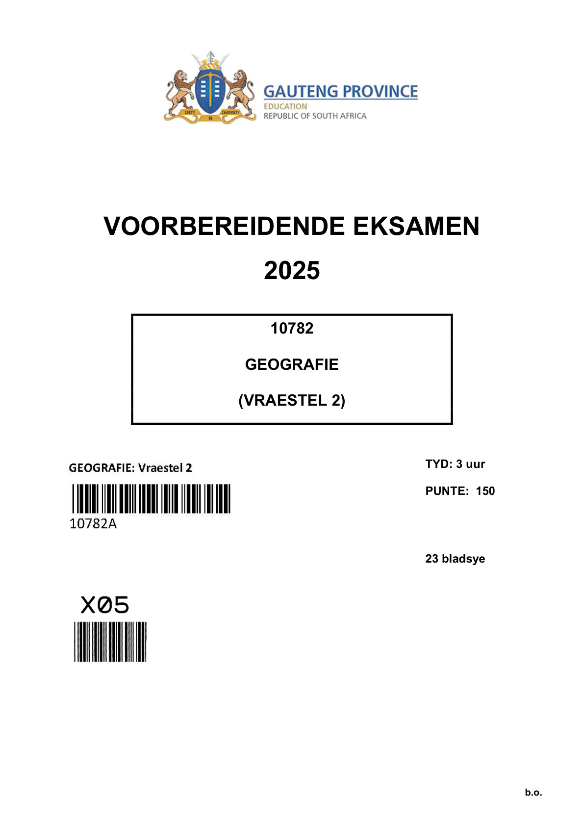 Geography Paper 2 (Gauteng) Preparatory 2025 Grade 12 DBE