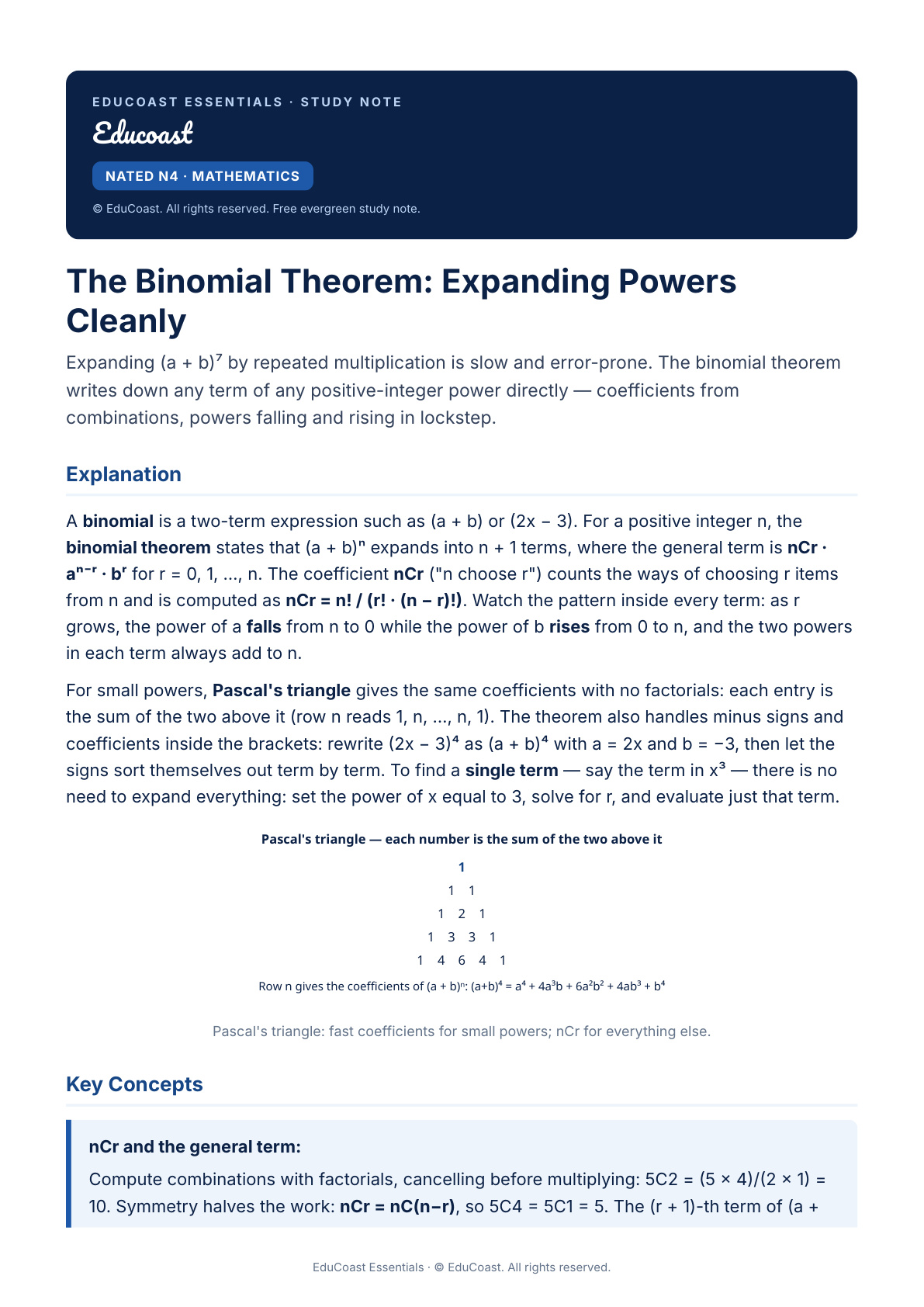 The Binomial Theorem — N4 Mathematics (Nated) | EduCoast