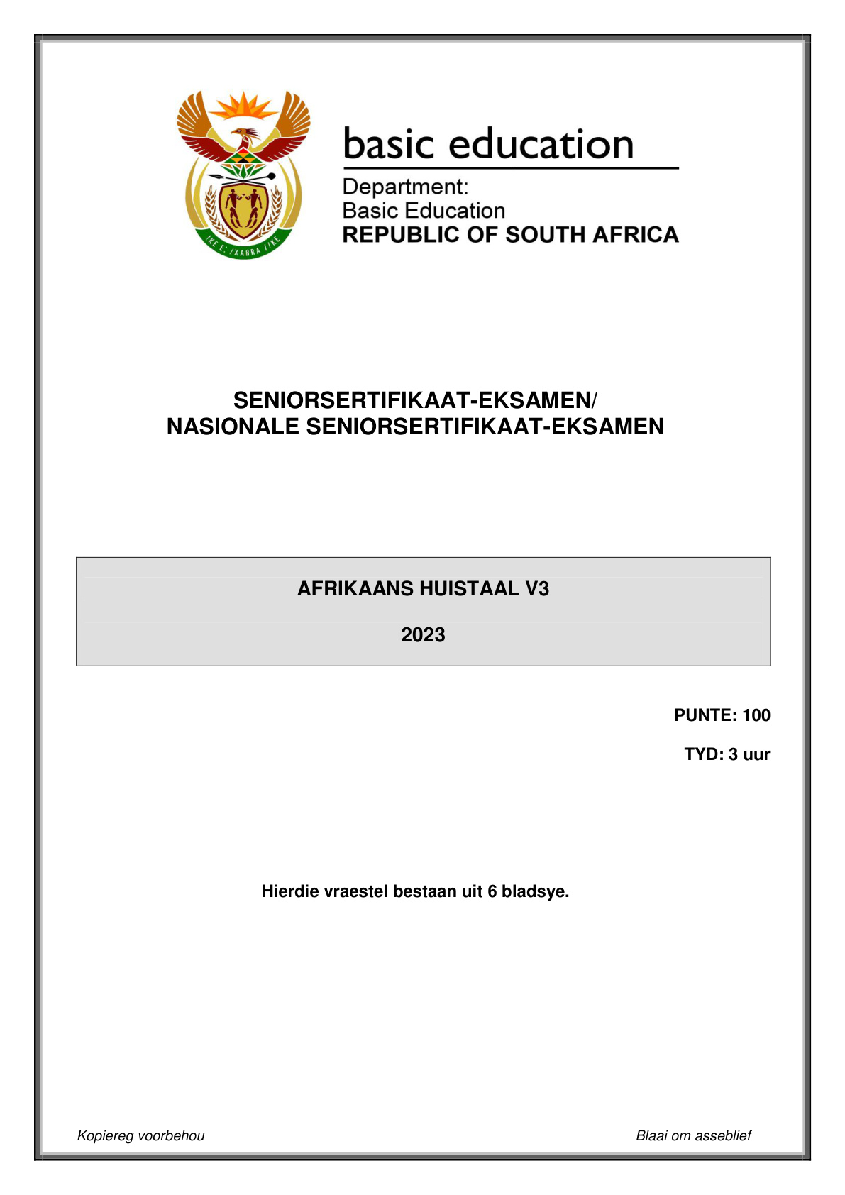 Afrikaans Home Language Paper 3 (Gauteng) June 2023 Grade 12 DBE