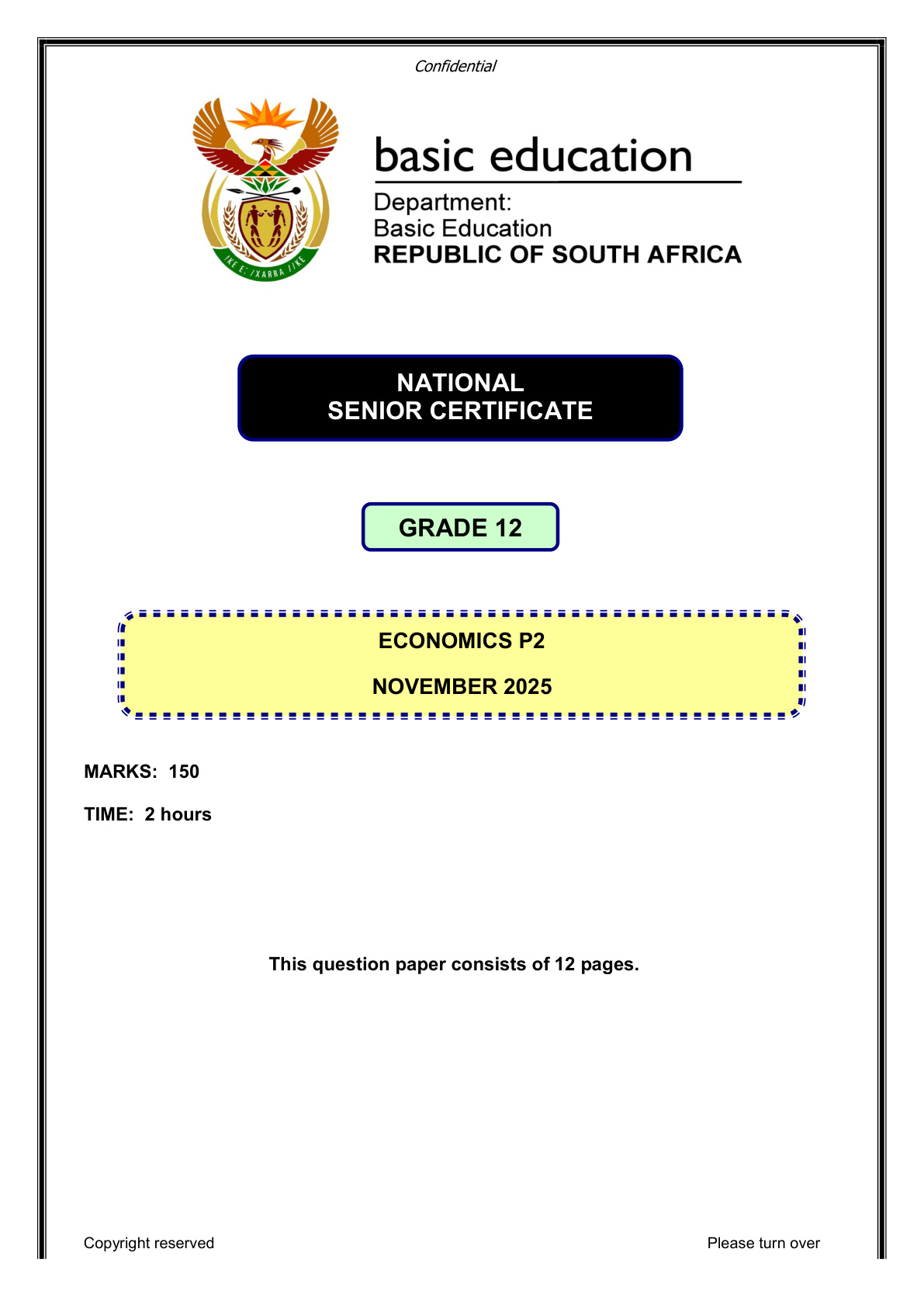 Economics Grade 12 DBE NSC November 2025 Paper 2 - Question Paper (Eastern Cape)