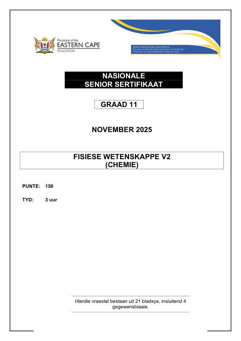 Physical Sciences Grade 11 DBE Caps November 2025 Paper 2 - Question Paper (Eastern Cape)