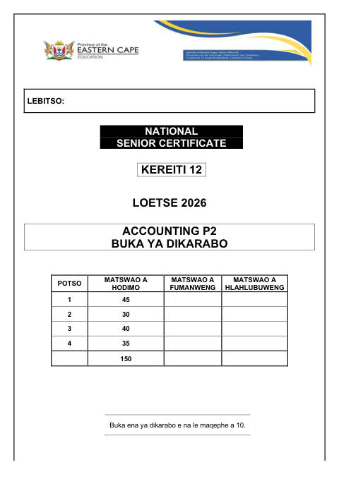 Accounting Grade 12 DBE Caps September 2026 - Question Paper (Eastern Cape)