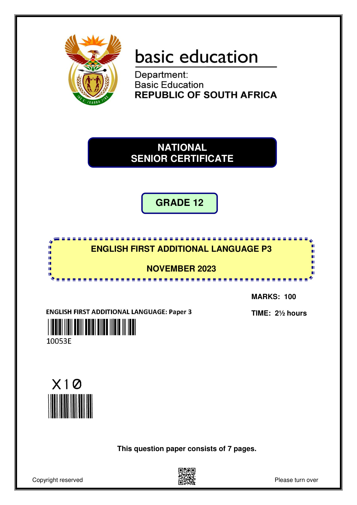 English First Additional Language Paper 3 (Gauteng) November 2023 Grade 12 DBE