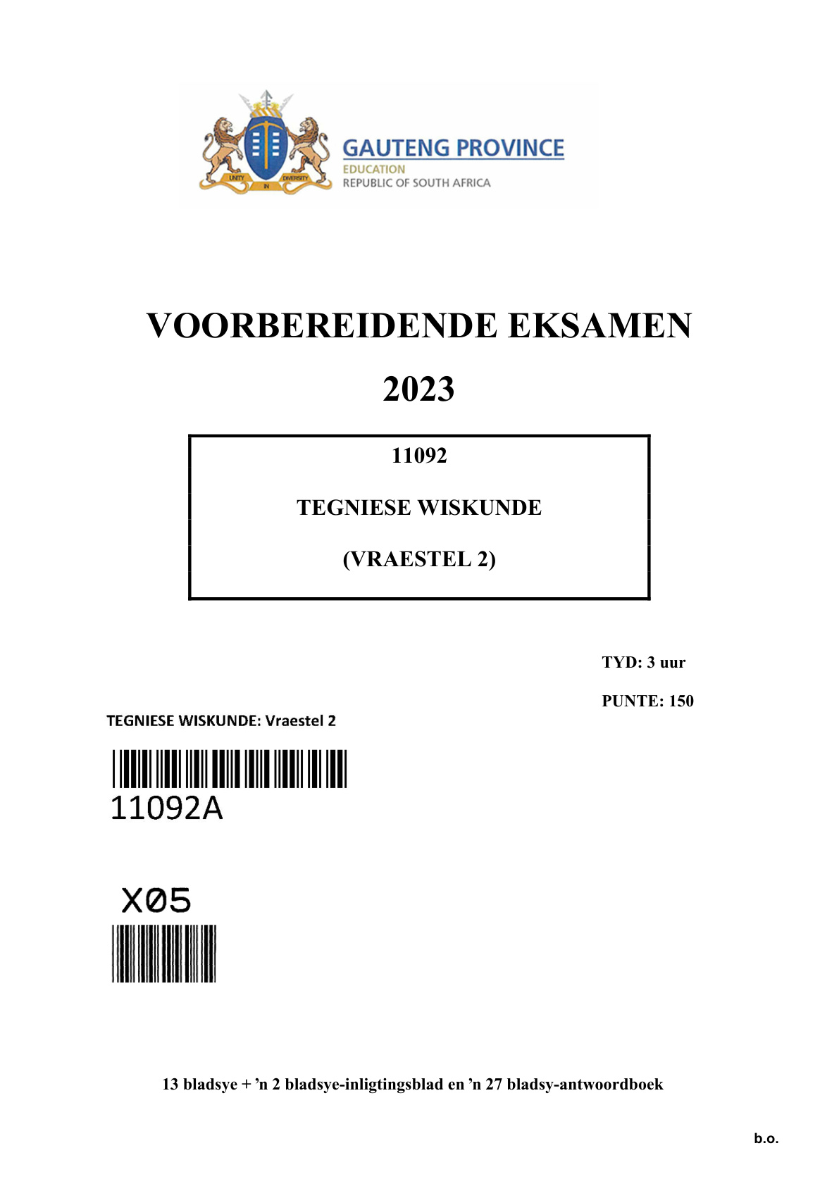 Technical Mathematics Paper 2 (Gauteng) Preparatory 2023 Grade 12 DBE