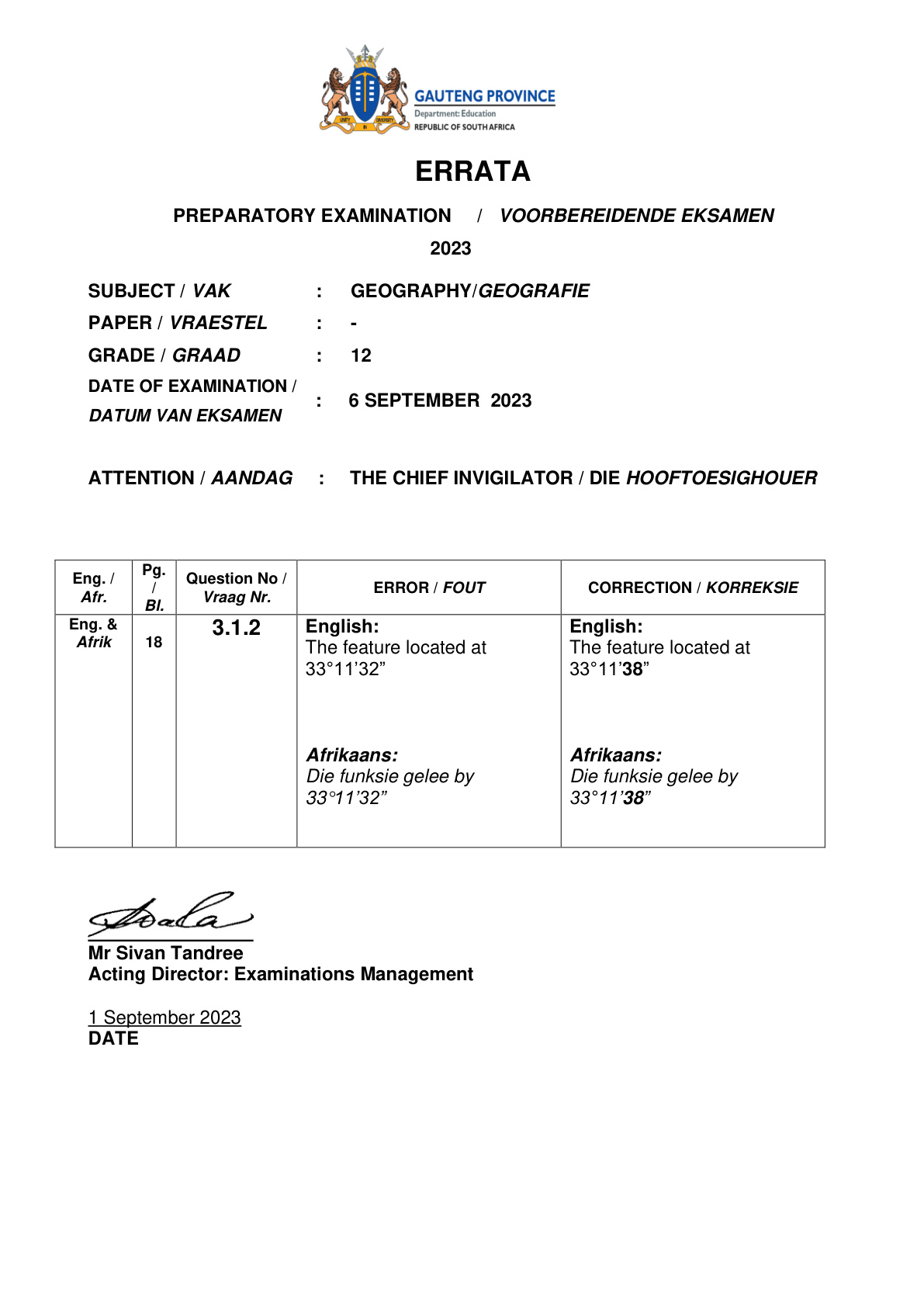 Geography Paper 1 Errata (Gauteng) Preparatory 2023 Grade 12 DBE