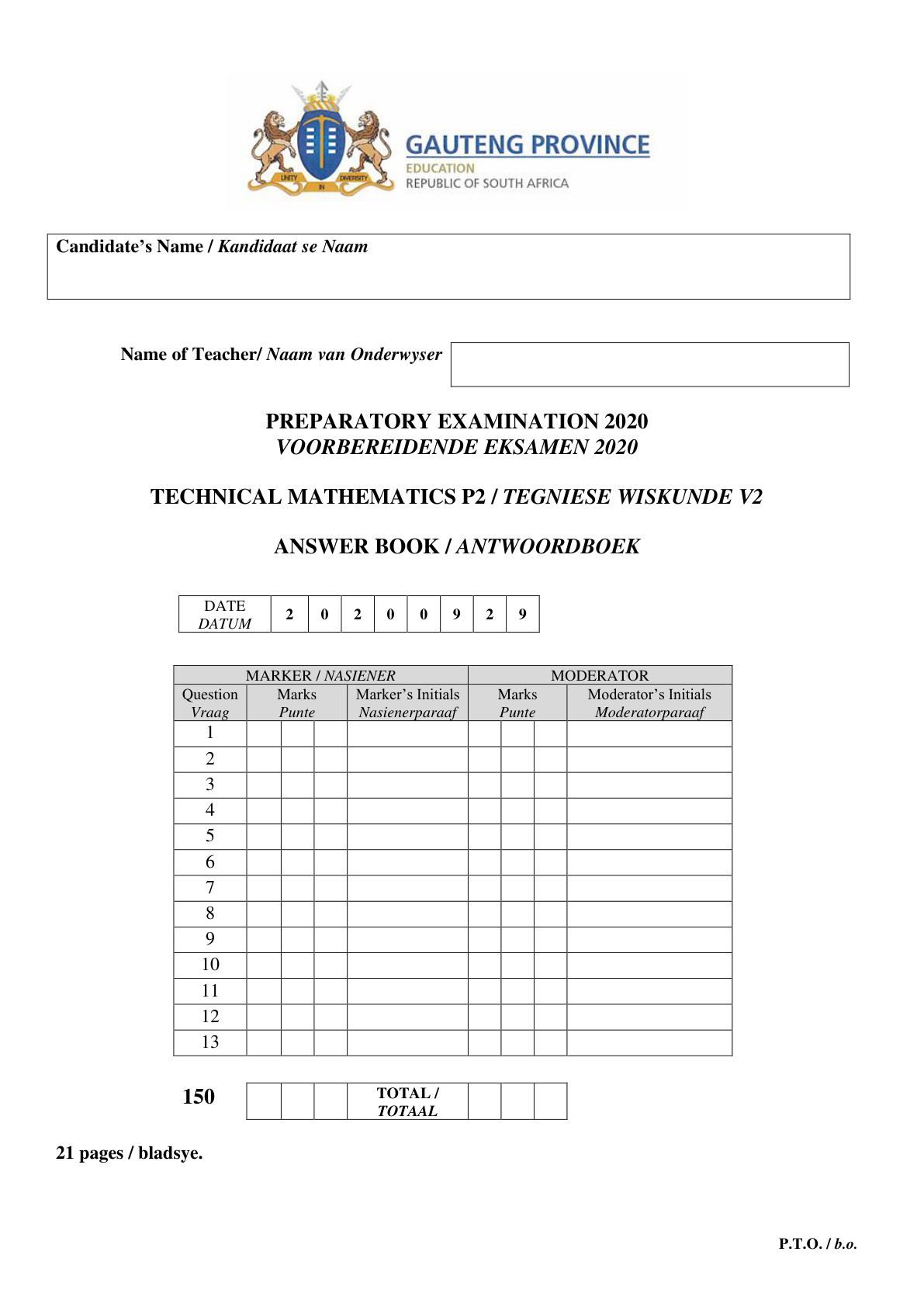 Technical Mathematics Paper 2 Answer Book (Gauteng) Preparatory 2020 Grade 12 DBE