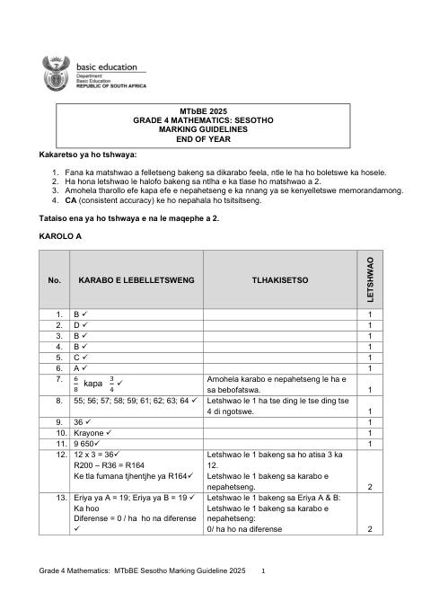 Mathematics Grade 4 DBE CAPS November 2025 - Memo (Eastern Cape)