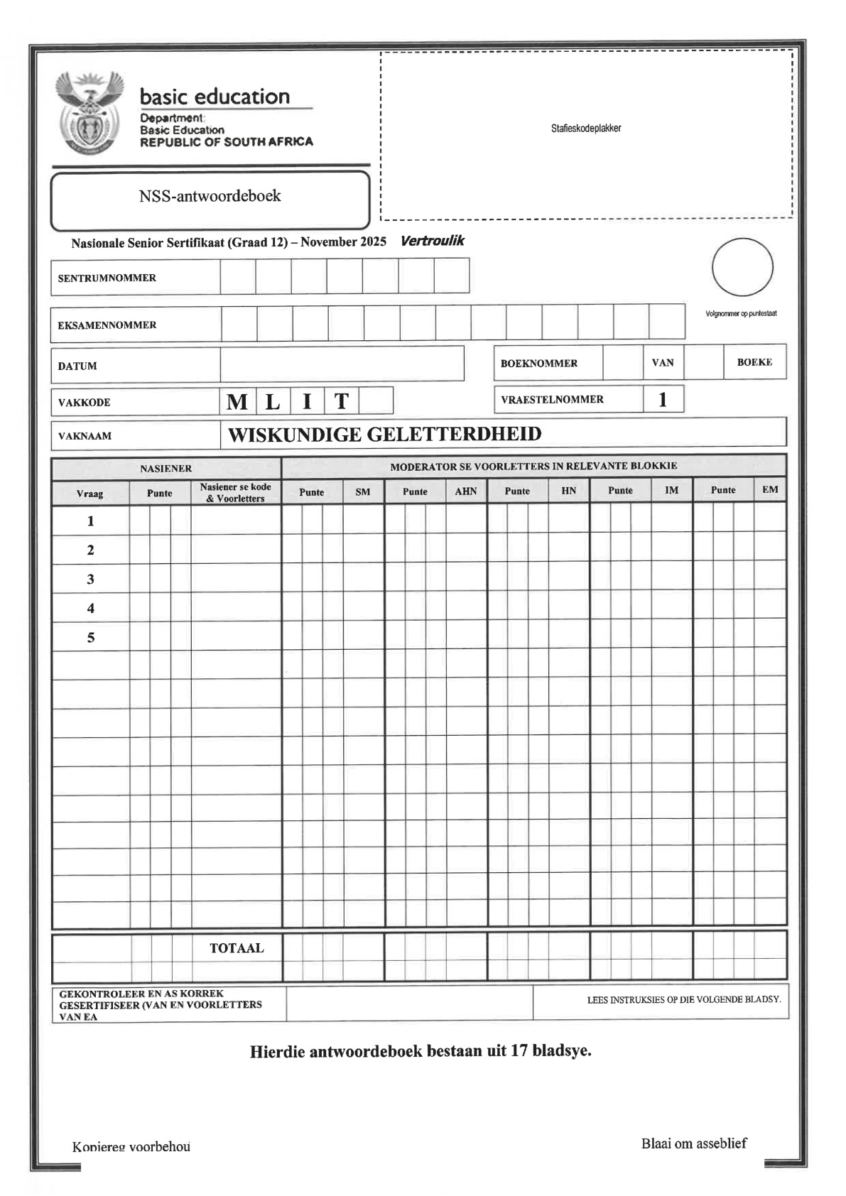 Mathematical Literacy Grade 12 DBE NSC November 2025 Paper 1 - Answer Book (Eastern Cape)