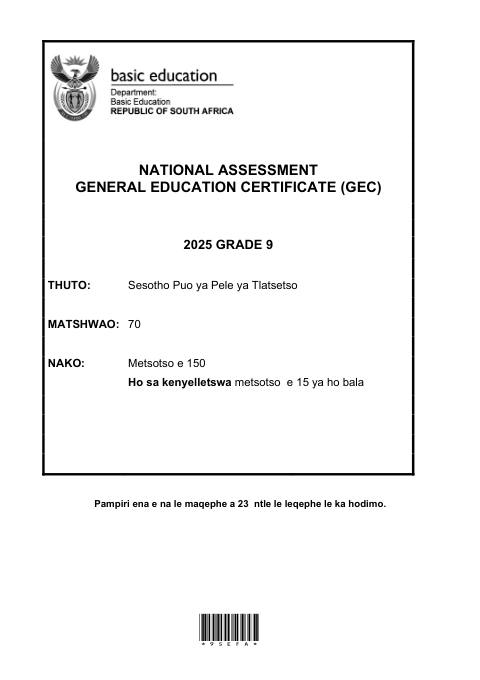 Sesotho First Additional Language Grade 9 DBE CAPS GEC 2025 - Question Paper (Eastern Cape)