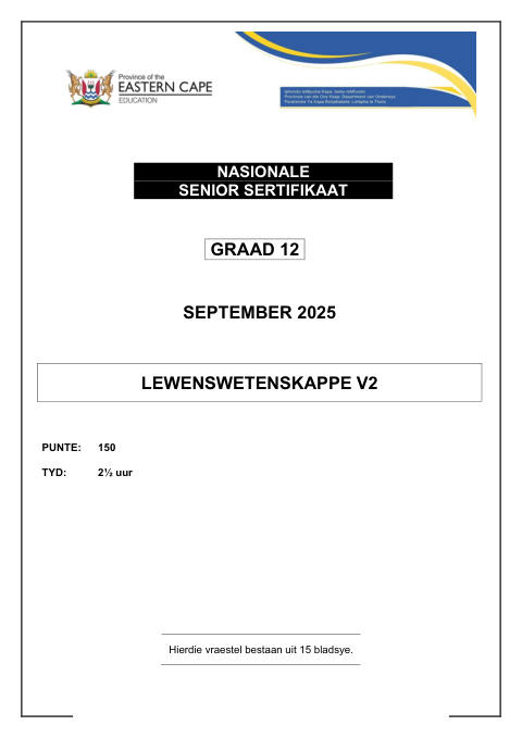 Life Sciences Grade 12 DBE Caps September 2025 Paper 2 - Question Paper (Eastern Cape)