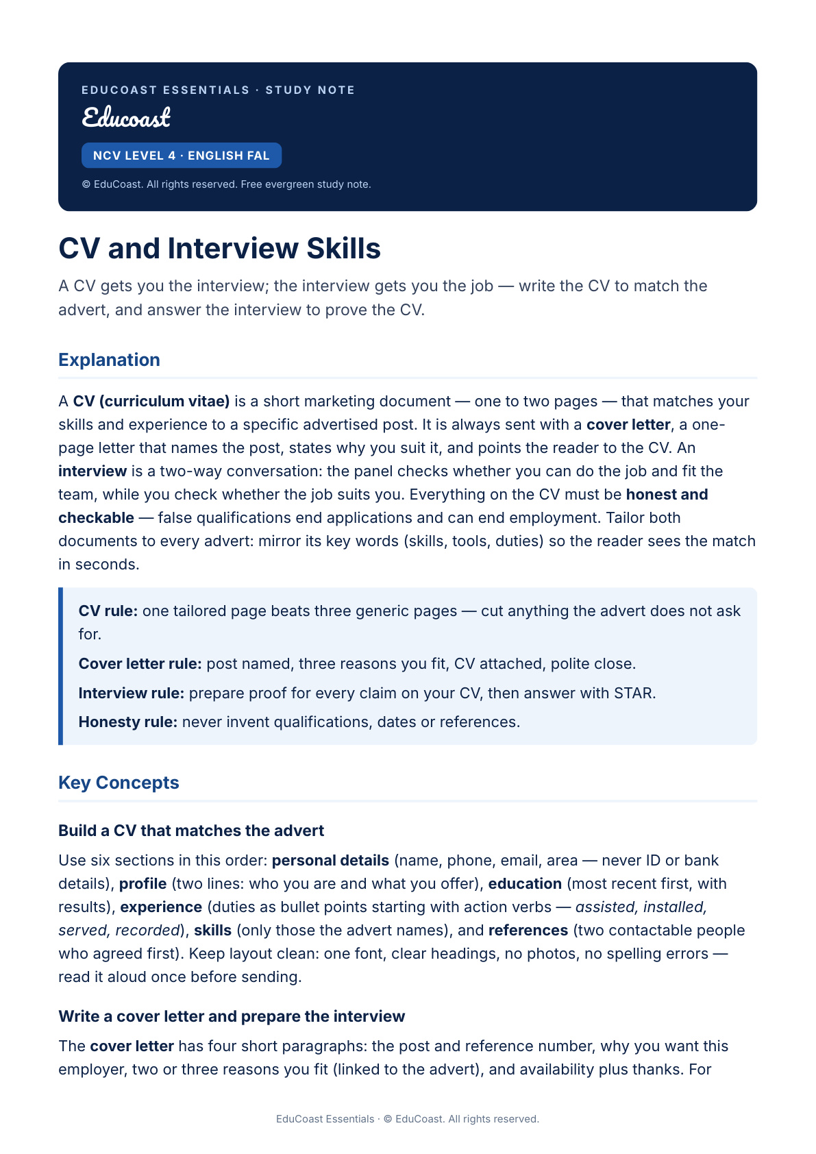Cv And Interview Skills — NCV Level 4 English First Additional Language